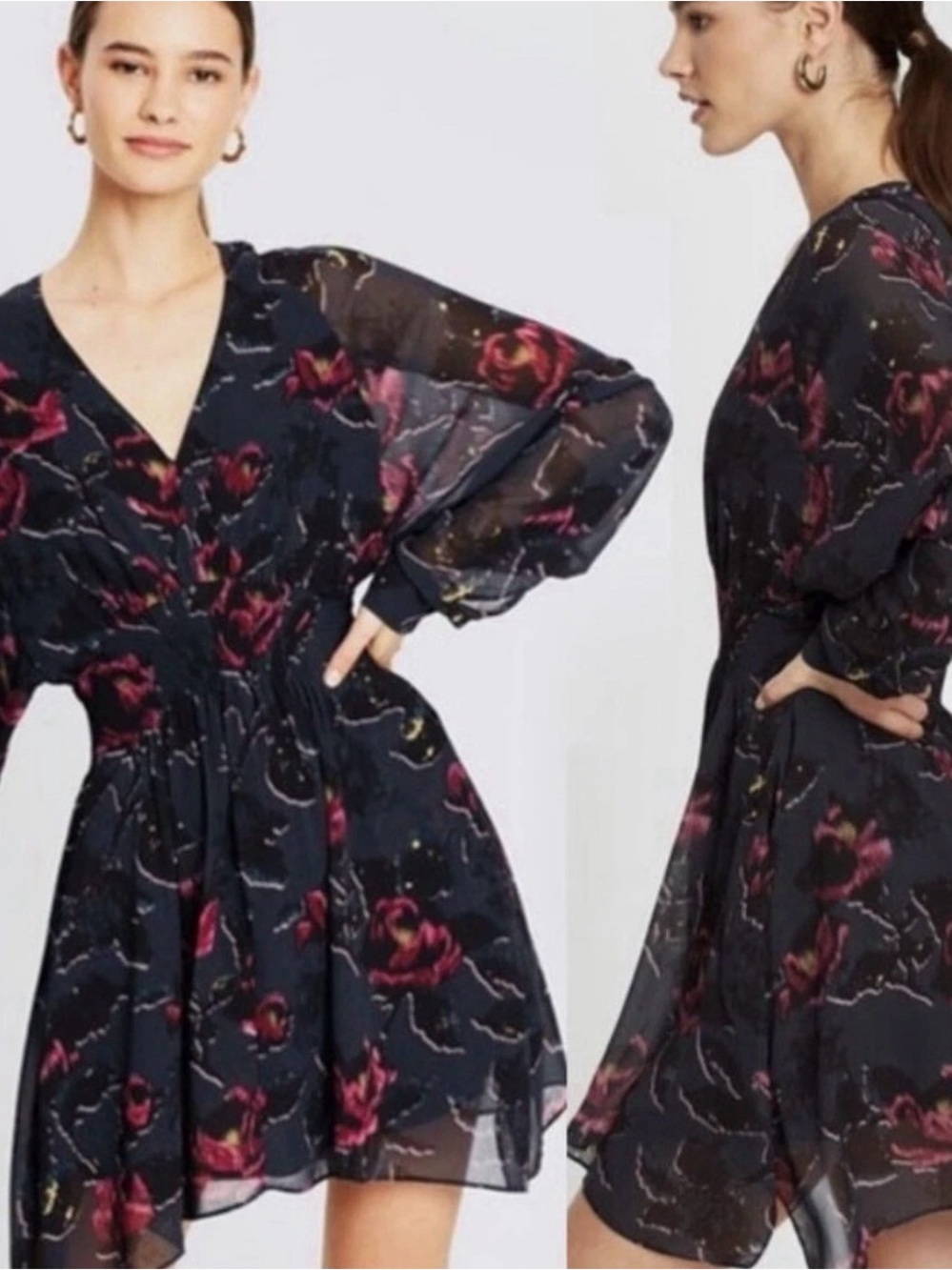 AllSaints Black V-Neck Floral Mini Dress with Pink Accents